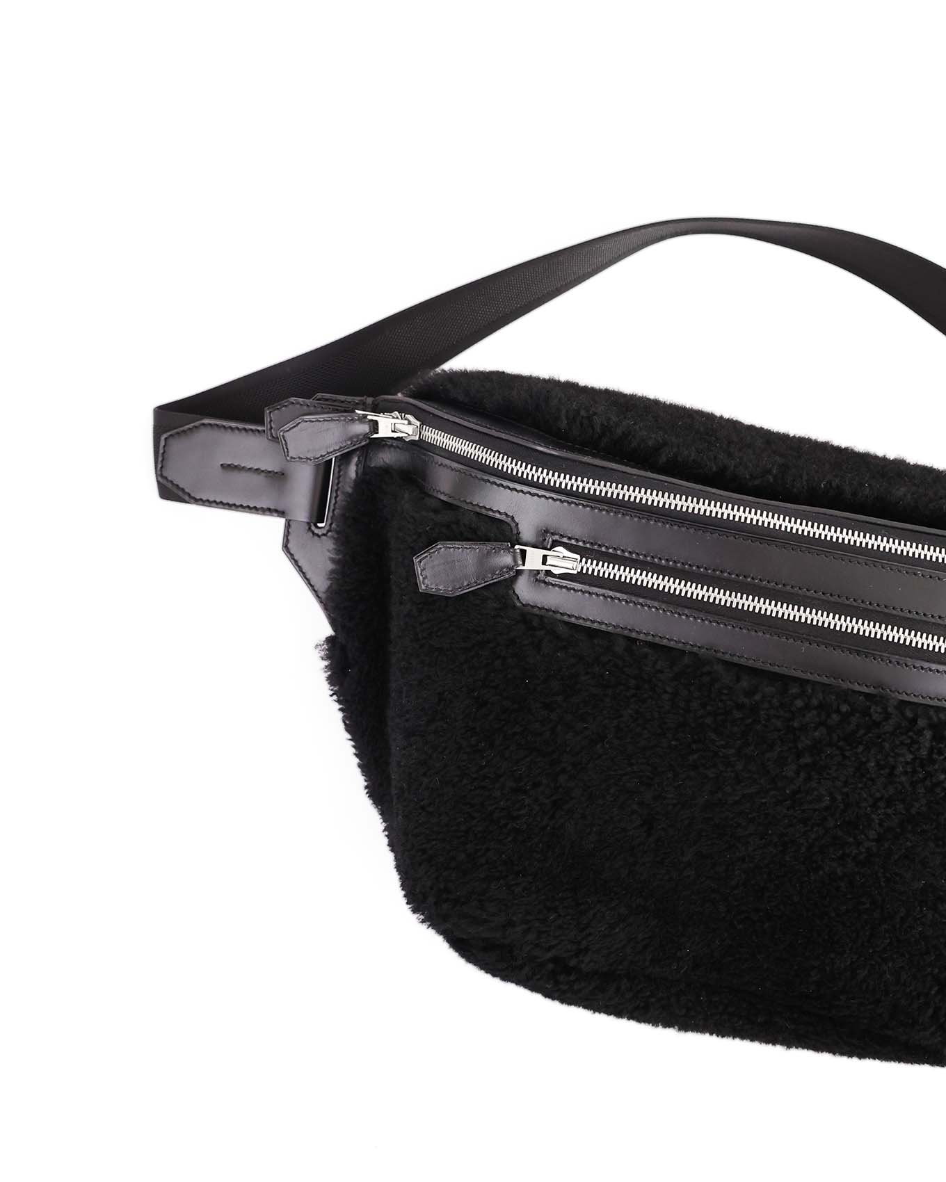 Hermès Black Shearling Cityslide Waistbag GM 2017