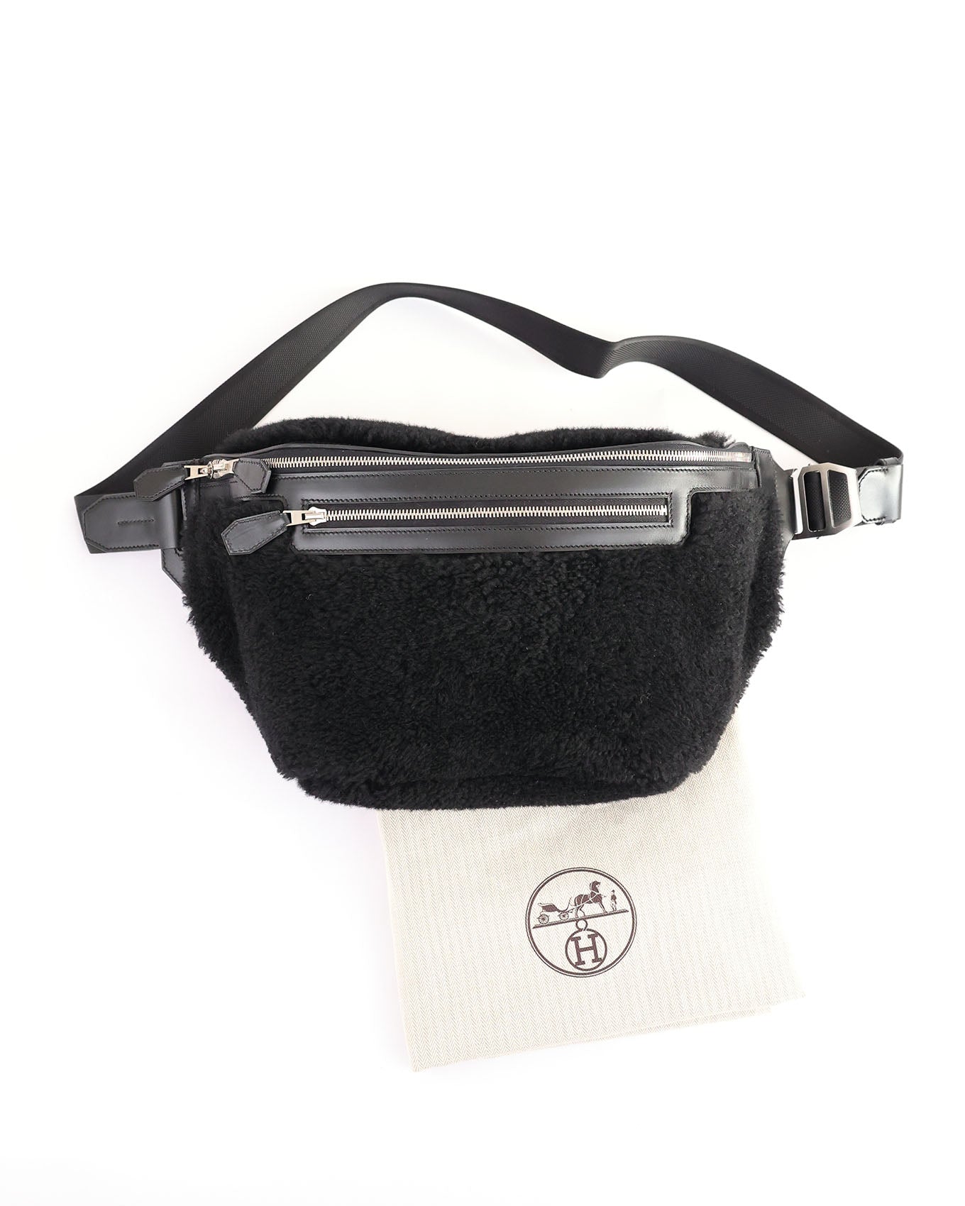 Hermès Black Shearling Cityslide Waistbag GM 2017