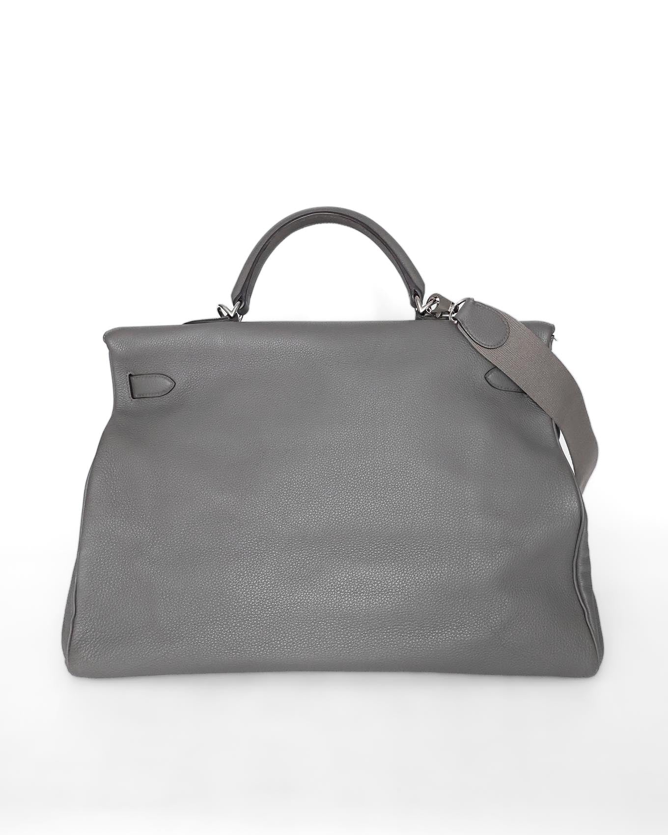 Rare Hermès HSS Kelly 50 Voyage travel bag in elephant‑grey matte Clémence leather, VIP‑commissioned (HSS stamp) with iconic turn‑lock and internal zipped & slit pockets