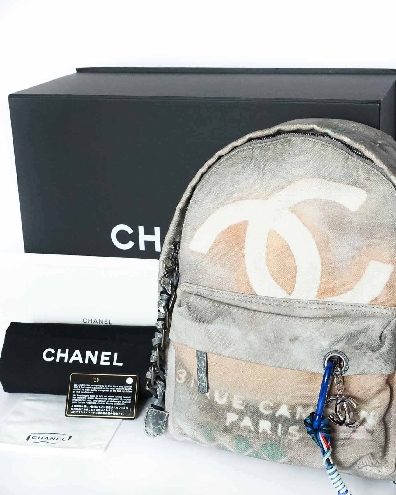 Chanel SS14 Artclass Light Grey Canvas Small Graffiti Backpack FULL SET