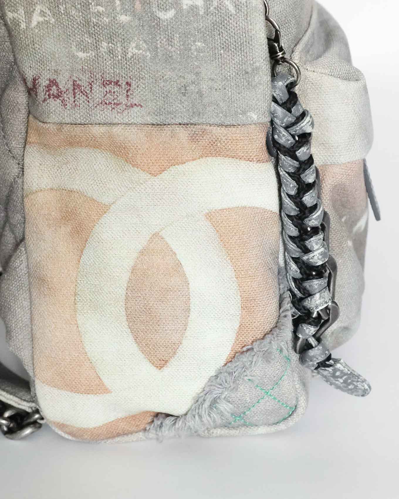 Chanel SS14 Artclass Light Grey Canvas Small Graffiti Backpack FULL SET