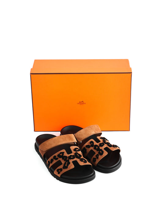 Hermès Chypre Brown Suede Leopard Design