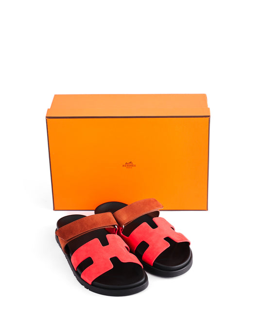 Hermès Chypre Gold / Rouge Cinetique Suede Sandals