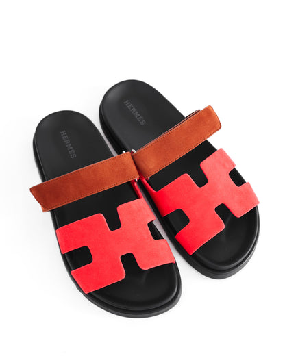 Hermès Chypre Gold / Rouge Cinetique Suede Sandals
