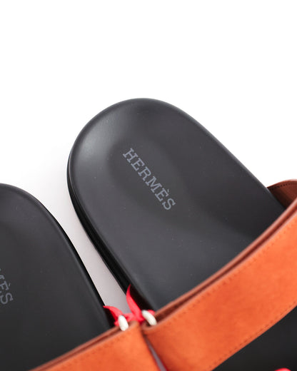 Hermès Chypre Gold / Rouge Cinetique Suede Sandals