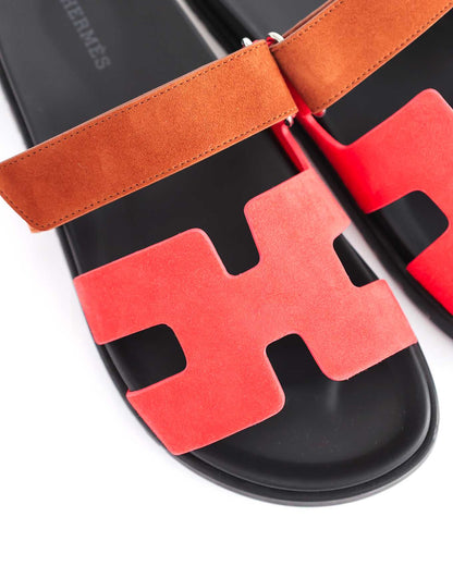 Hermès Chypre Gold / Rouge Cinetique Suede Sandals