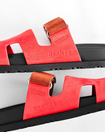 Hermès Chypre Gold / Rouge Cinetique Suede Sandals
