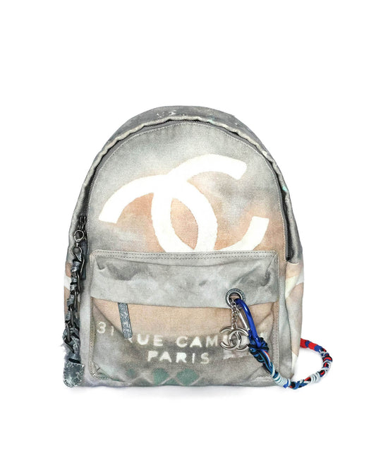 Chanel SS14 Artclass Light Grey Canvas Small Graffiti Backpack FULL SET