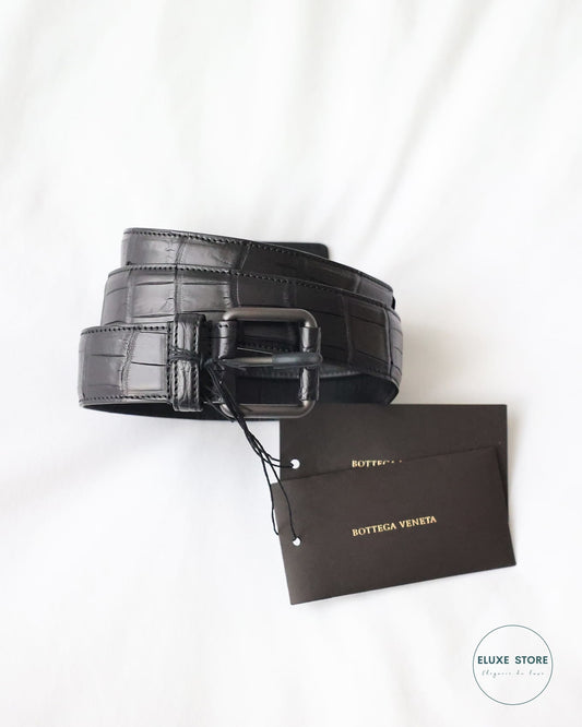 Bottega Veneta Mens Matte Black Crocodile Skin Belt