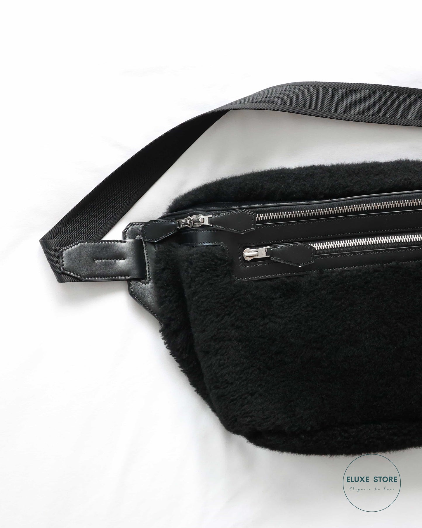 Hermès Mens 2017 Runway Black Shearling / Swift Cityslide Large Waistbag GM Size | ELUXE STORE | Shop pre-loved Hermes