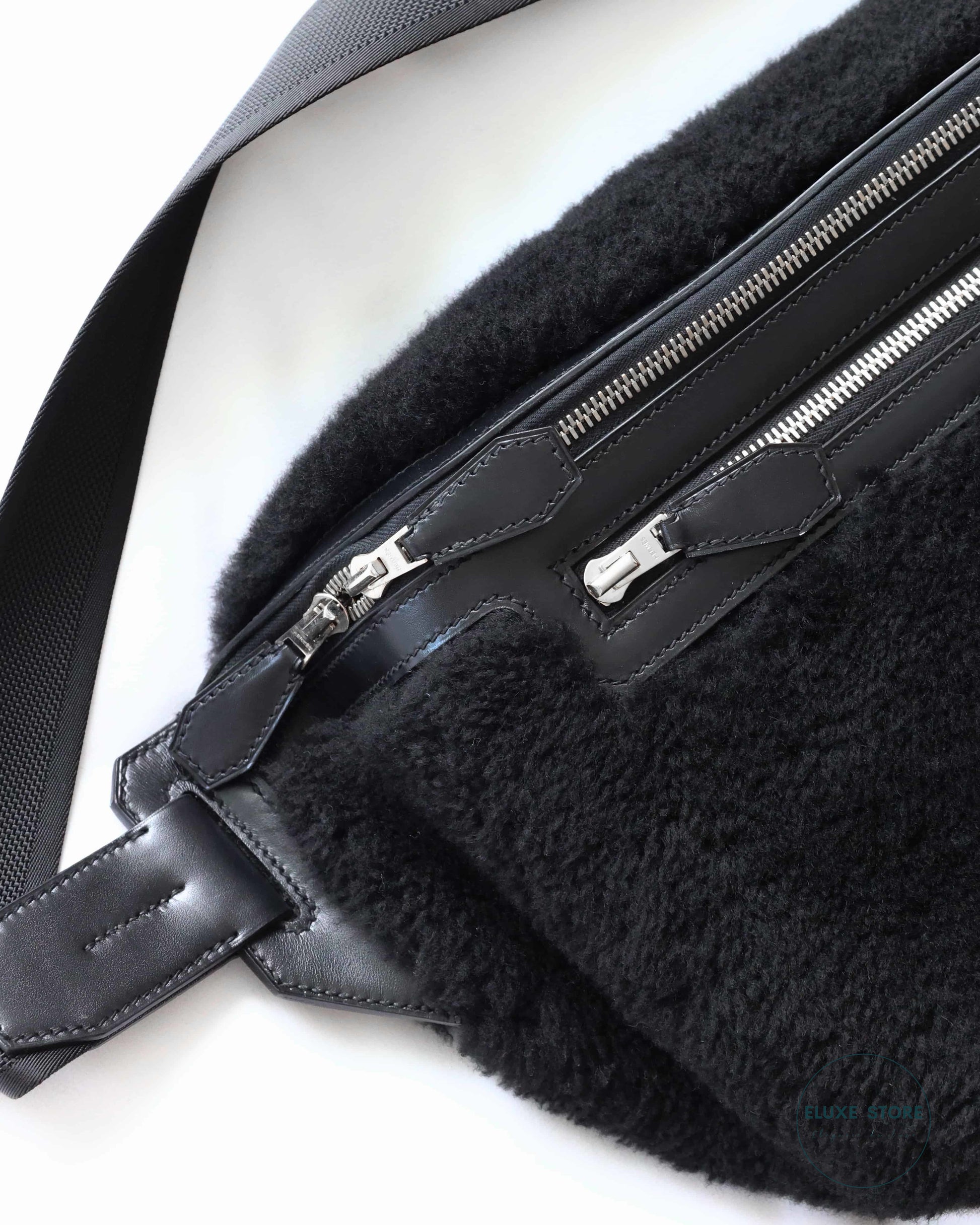 Hermès Mens 2017 Runway Black Shearling / Swift Cityslide Large Waistbag GM Size | ELUXE STORE | Shop pre-loved Hermes