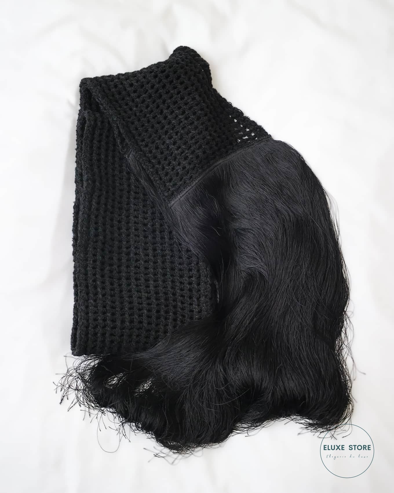 Old Céline by Phoebe Philo Fall Winter 2017 FW17 Black Waffle Knit Hair-Like Fringed Runway Scarf | ELUXE STORE