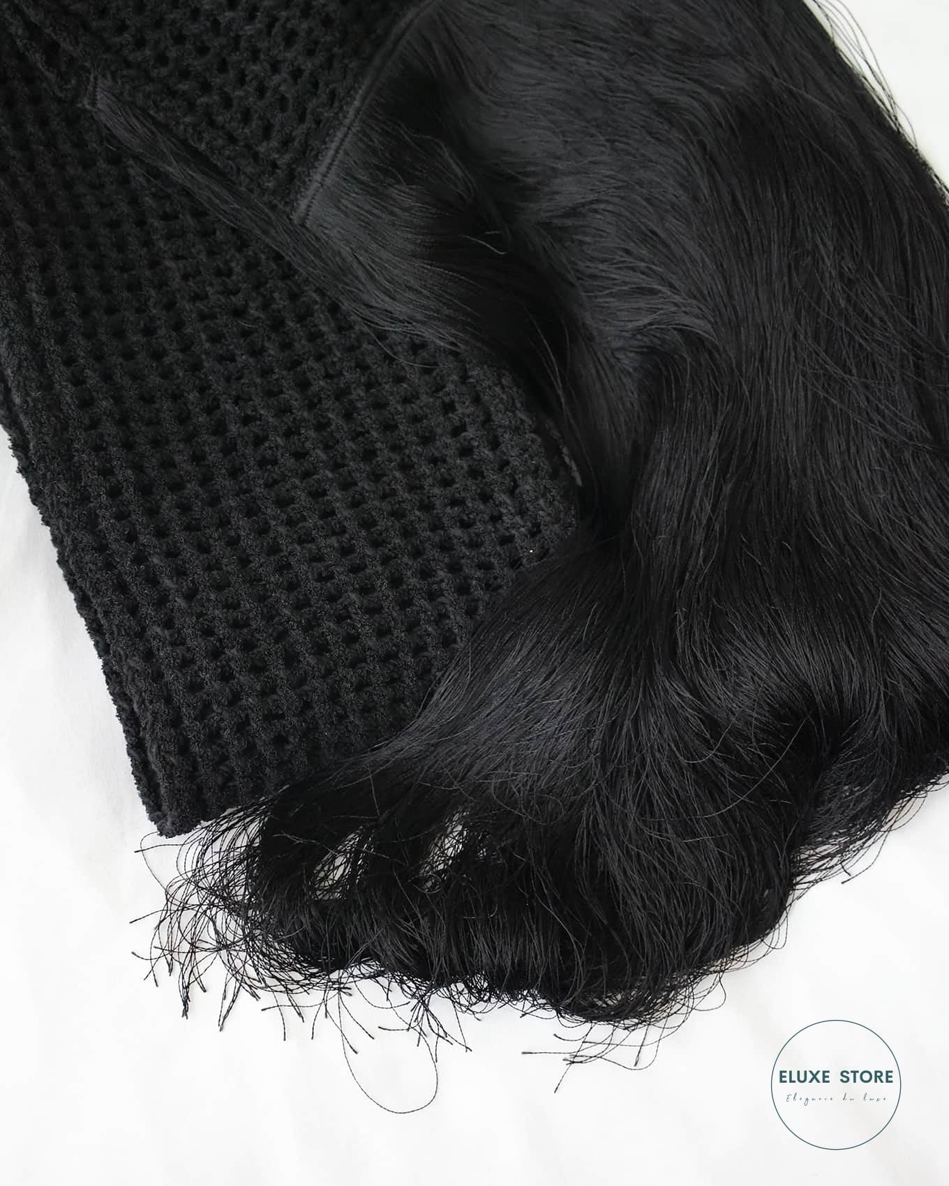 Old Céline by Phoebe Philo Fall Winter 2017 FW17 Black Waffle Knit Hair-Like Fringed Runway Scarf | ELUXE STORE